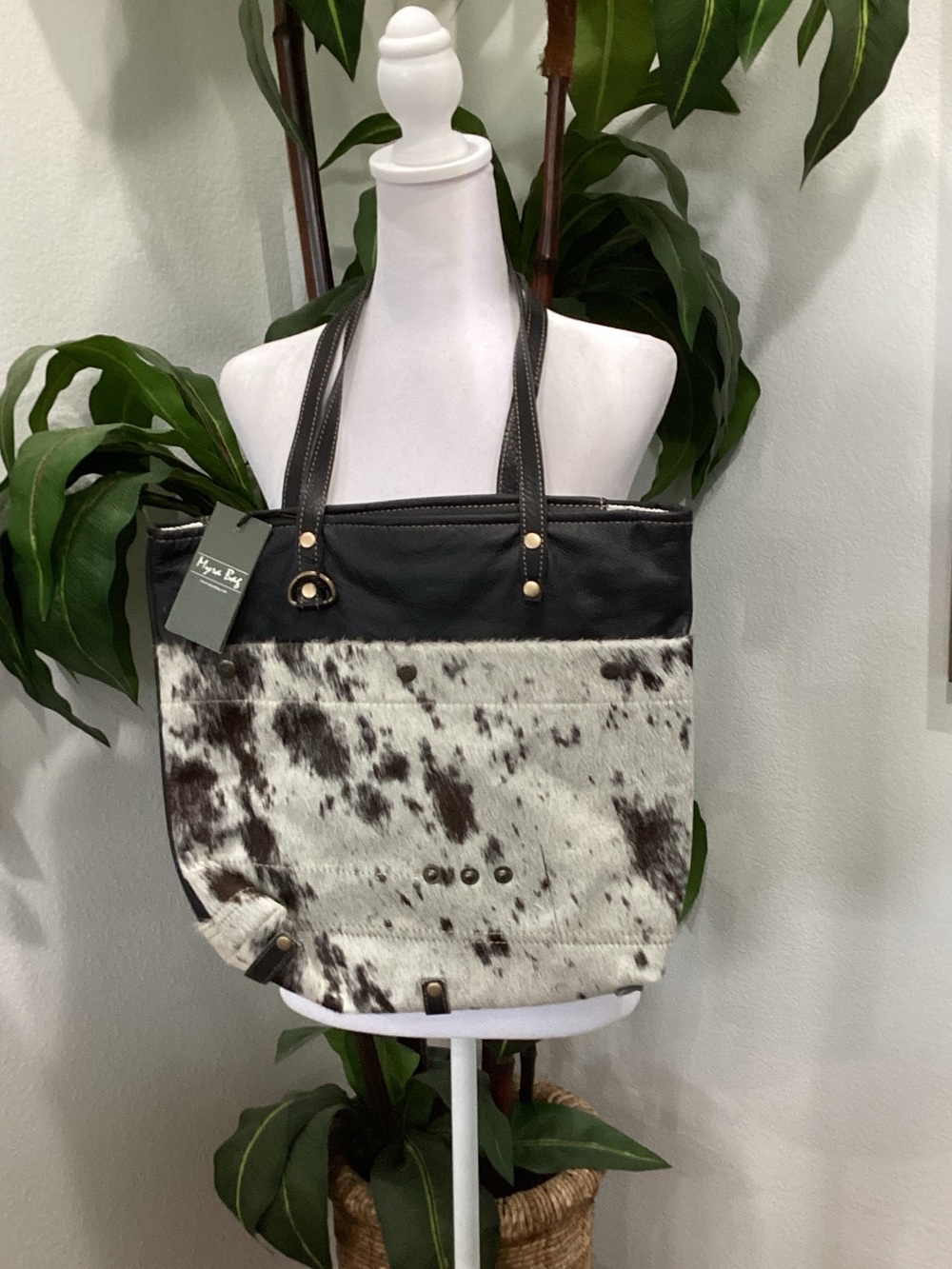 Myra Bag Black & White Spotted‎ Cowhide Tote with Leather Trim
